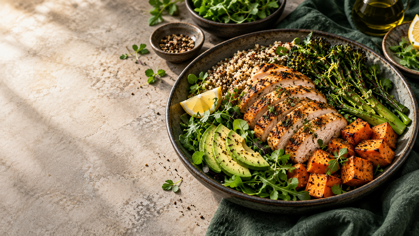 Grilled chicken bowl with quinoa, avocado, roasted sweet potato and broccolini